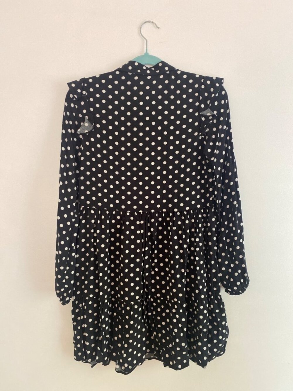 NWT Stradivarius Black & White Polka Dot Long-Sleeve Tiered Mini Dress Size M - Picture 6 of 9